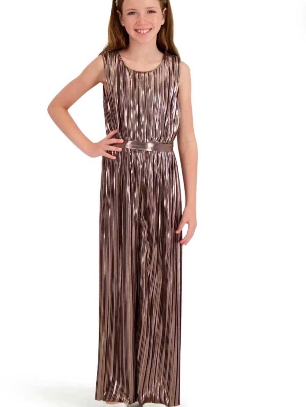 Kensie Girl Metallic Pleated Sleeveless Jumpsuit, Size 8,‎ Rose Gold